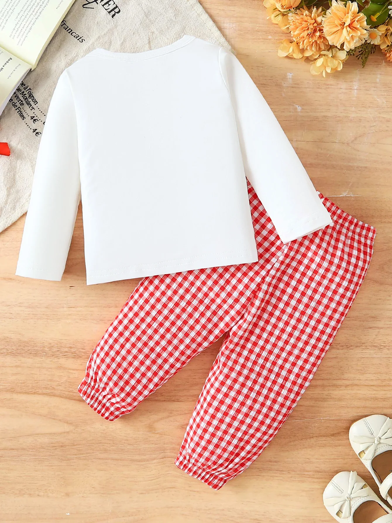 1-3Y Toddler Girl 2Pcs Fall Winter Outfit, White Long Sleeve Top With Red Bow Decor + Red White Gingham Jogger Pants, Sweet Cute