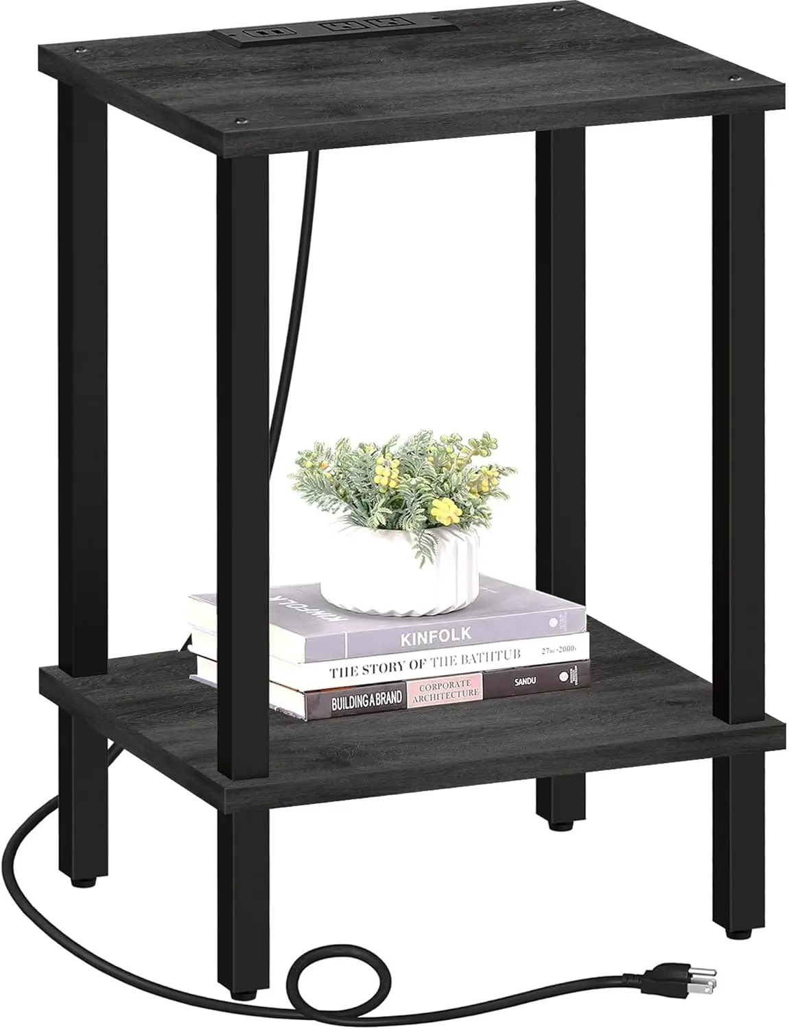 

End Table with Charging Station, Small Side Table with Outlets, Nightstand Bedside Table, 2-Tier Storage Shelf for Small
