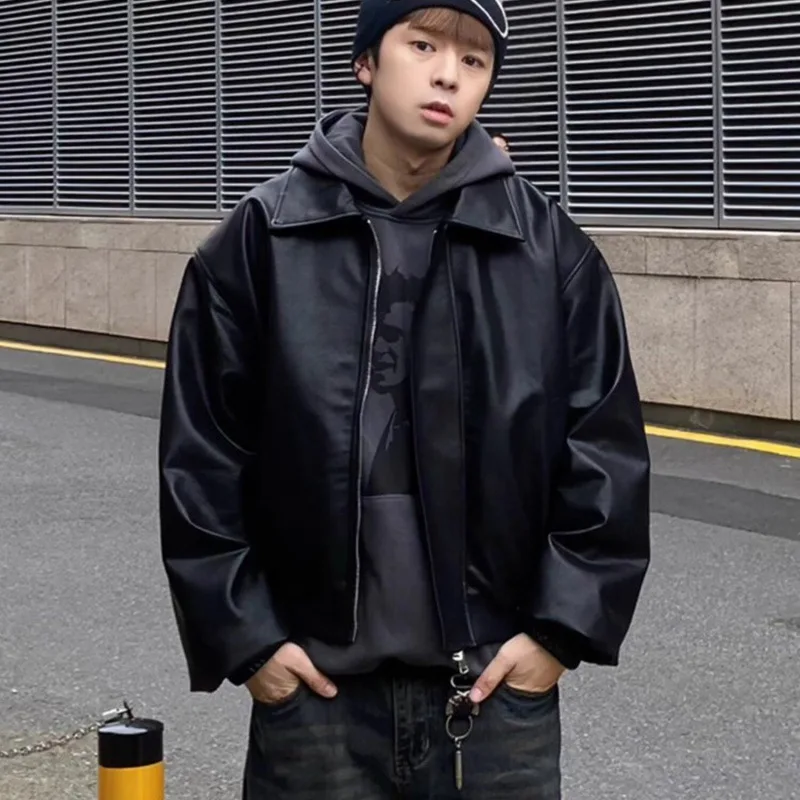 Men Faux Leather Coats PU Solid Jacket Turn Down Collar Long Sleeve Zipper Slight Strech Loose Fit Casual Streetwear 2026 Spring - view 4