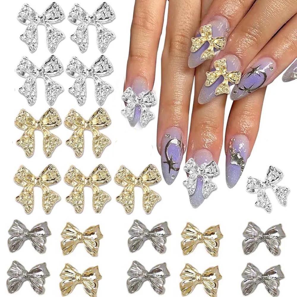 20 piezas lazos de cinta de Metal para decoración de uñas, cinta de lazo dorado/plateado 3D, decoración de uñas DIY Y2K Kawaii, accesorios de manicura