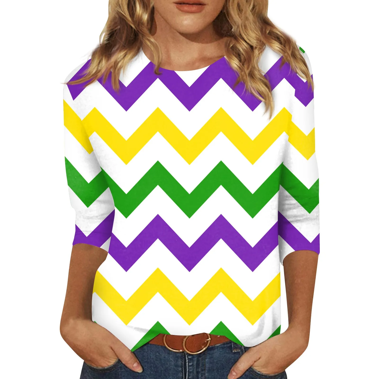 Women Three Quarter Sleeves T-Shirt Carnival Theme Print Graphic Tees Blouses Daily Basic All-Match Plus Size Round Neck T-Shirt