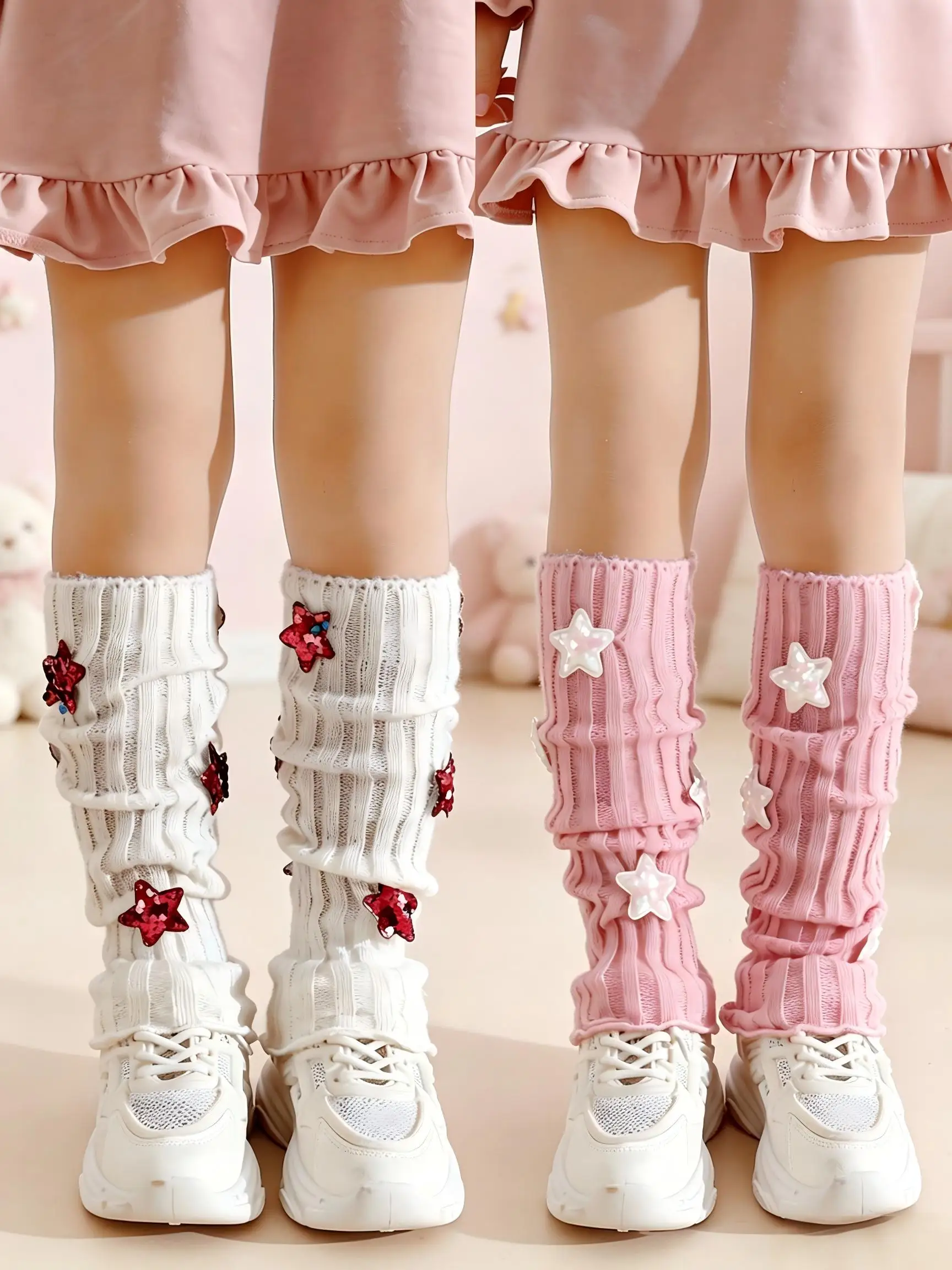 2Pairs Kids Ribbed Knit Slouch Leg Warmers Sparkly Sequins Star Decor Elastic Cuffs Daily School Photo Outfit Accessory Girls