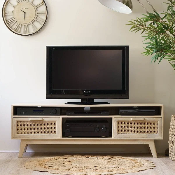 Modern Solid Wood Extendable TV Stand with Durable Build Ample Storage Shelves and Sleek Design