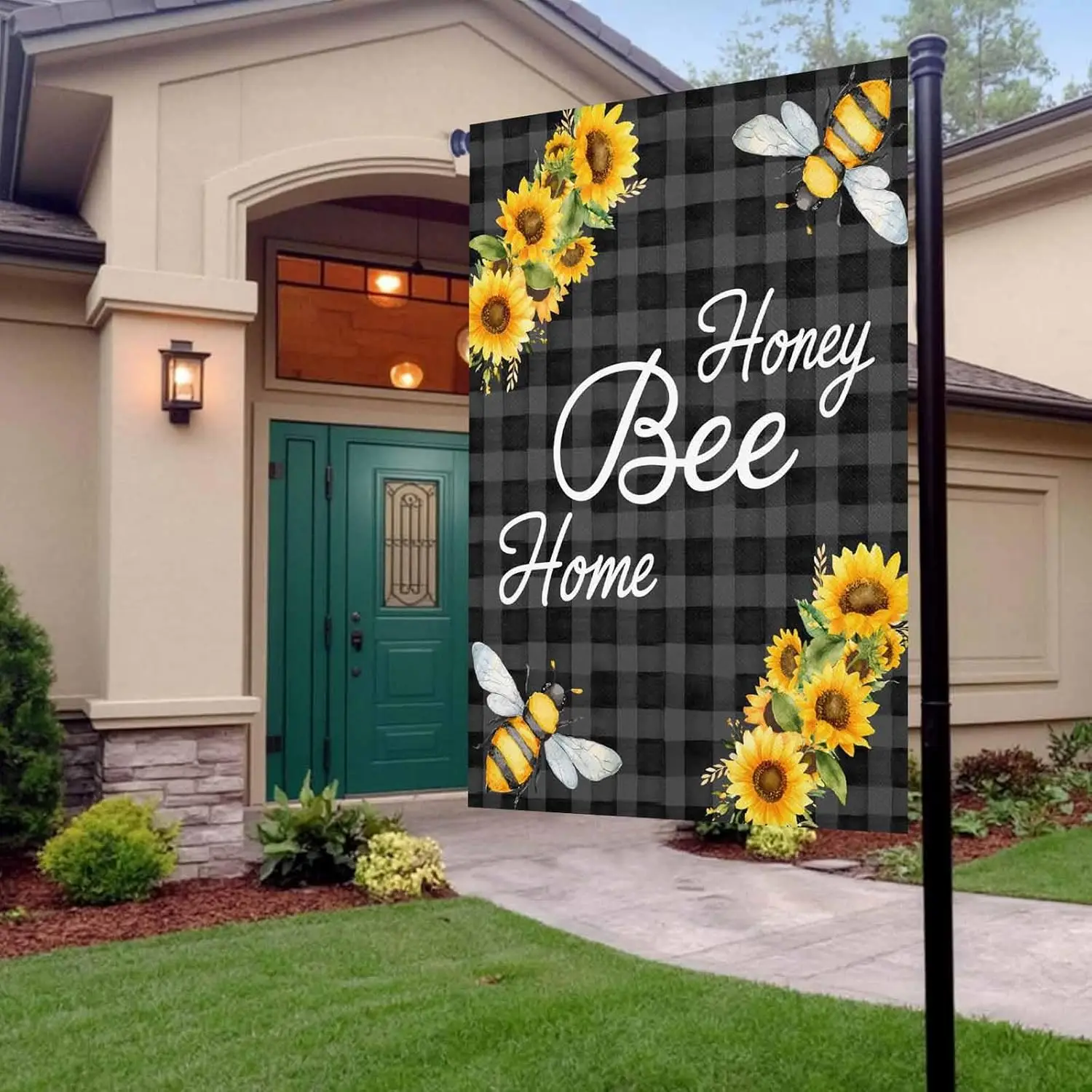 Honey Bee Garden Flag 12x18 Inch Spring Flowers Farm Plants Watercolor Bee Black Plaid Double Sided Yard Flags for Outdoor D ZZM
