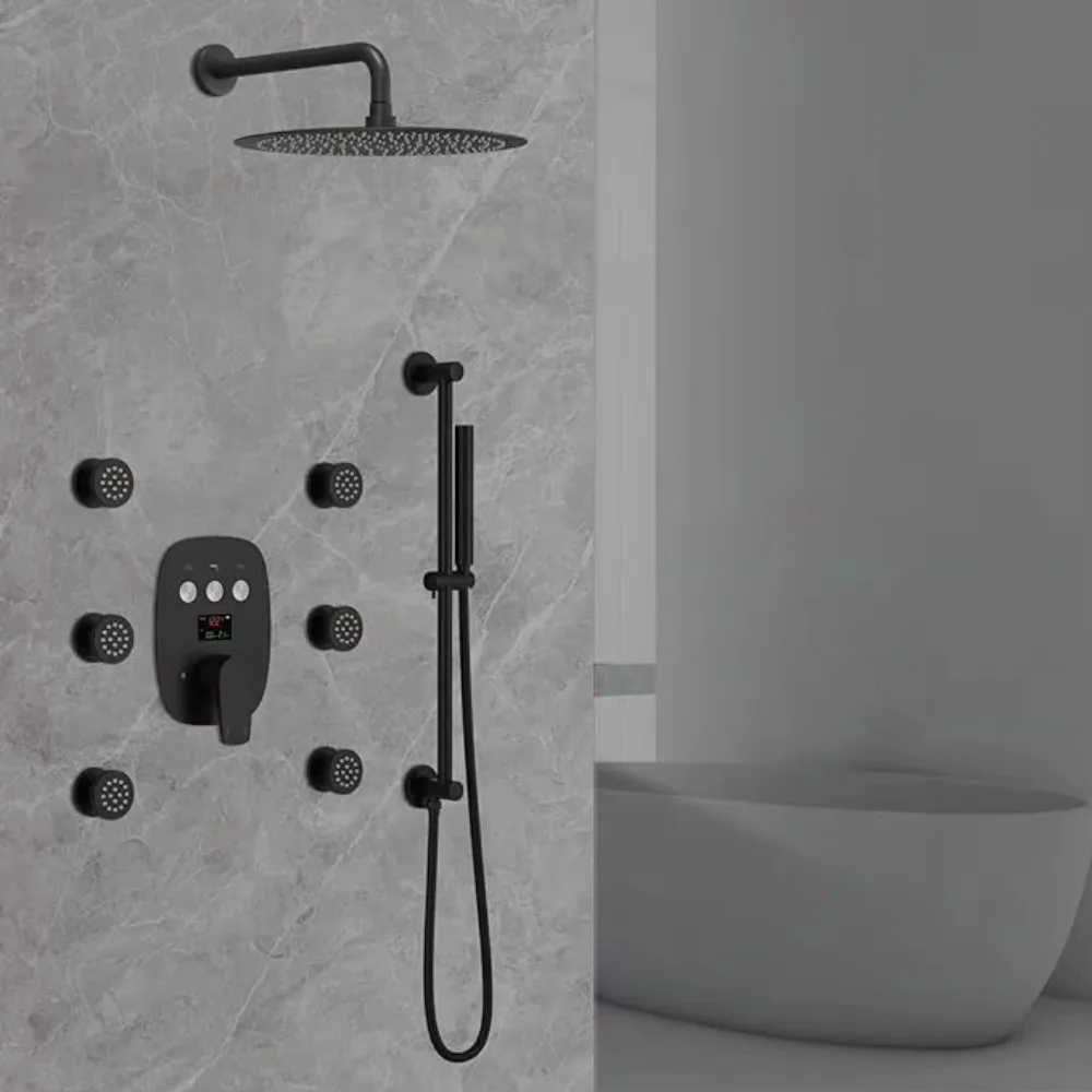 Brass Matte Black Adjustable Slide Bar Push Button Full Body Wall Mount 12 Inch Digital Display Rain Shower System for Hotel Use