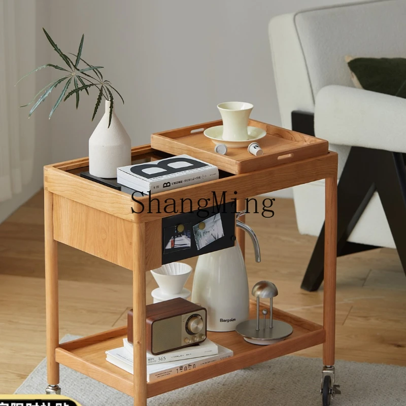 

ZYY solid wood edge table movable trolley cherry wood small apartment coffee table sofa side table