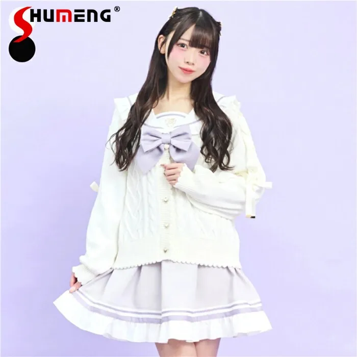 

2026 Spring Japanese Style V-neck Lace-up Bow Long Sleeves Heart Single-breasted Versatile Sweet Knitted Cardigans Top for Women