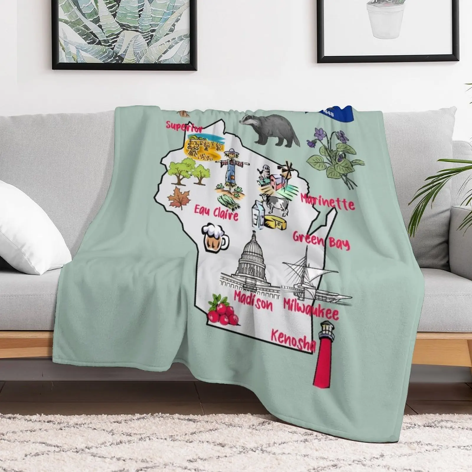 Hand Drawn Illustration of Wisconsin Map with Tourist Destinations, attractions, USA Throw Blanket Furrys Hair Blankets