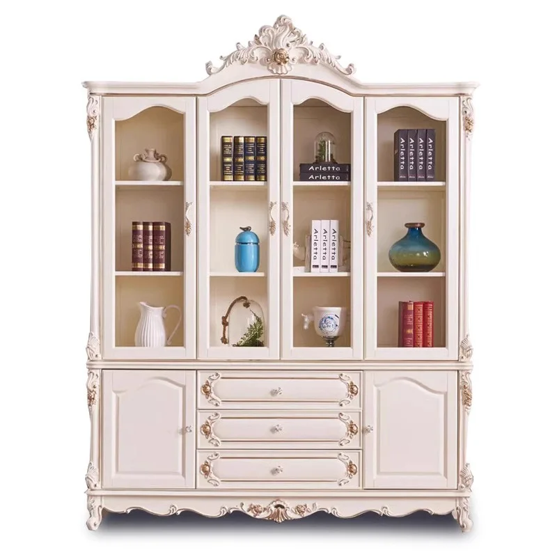 

European-style bookcase four doors, white floor-to-wall storage with door, all solid wood bookcase, study office high-end