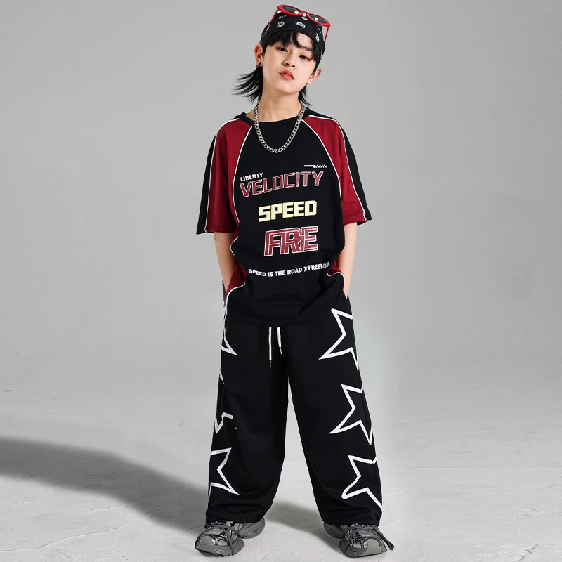 Jungen Hip Hop Lose T-shirt Rote Weste Cargo Hosen Street Dance Shorts Mädchen K-pop Jazz Kostüm Kind Kleidung Sets kinder Streetwear