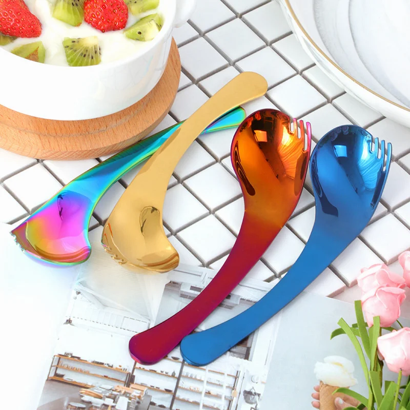 

2Pcs Creative Color Multi-Function Salad Spoon and Fork Stainless Steel Spoon and Fork 2 In 1 Household Spoon Arc Dessert Spoon