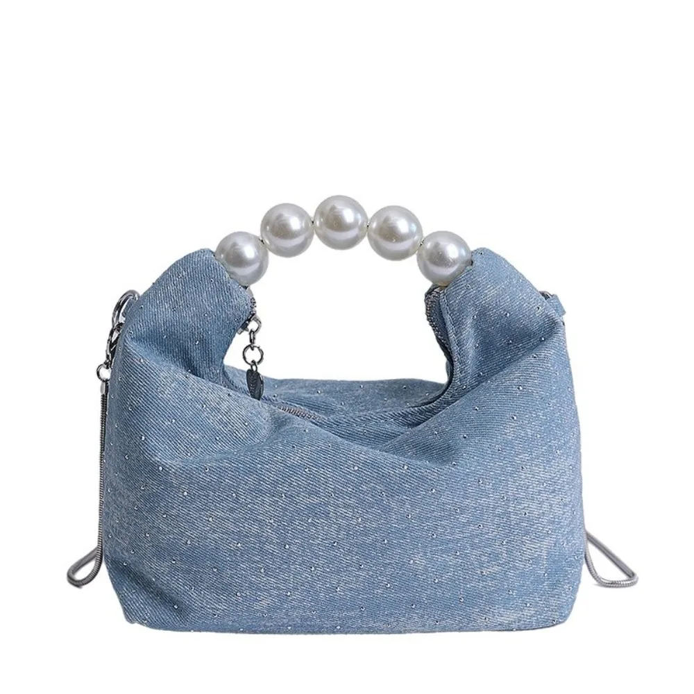 

Portable Korean Pearls Denim Bag Square Rhinestones Denim Crossbody Bag Small Casual Women's Handbags Purse