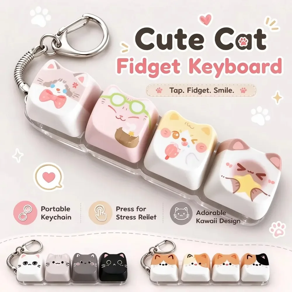 Cat Expression 4-Key Keyboard Fidget Kawaii @Cat Relax Button Keycap Portable Fidget Keychain Bag Charm Squeeze Toy Birthday Gif