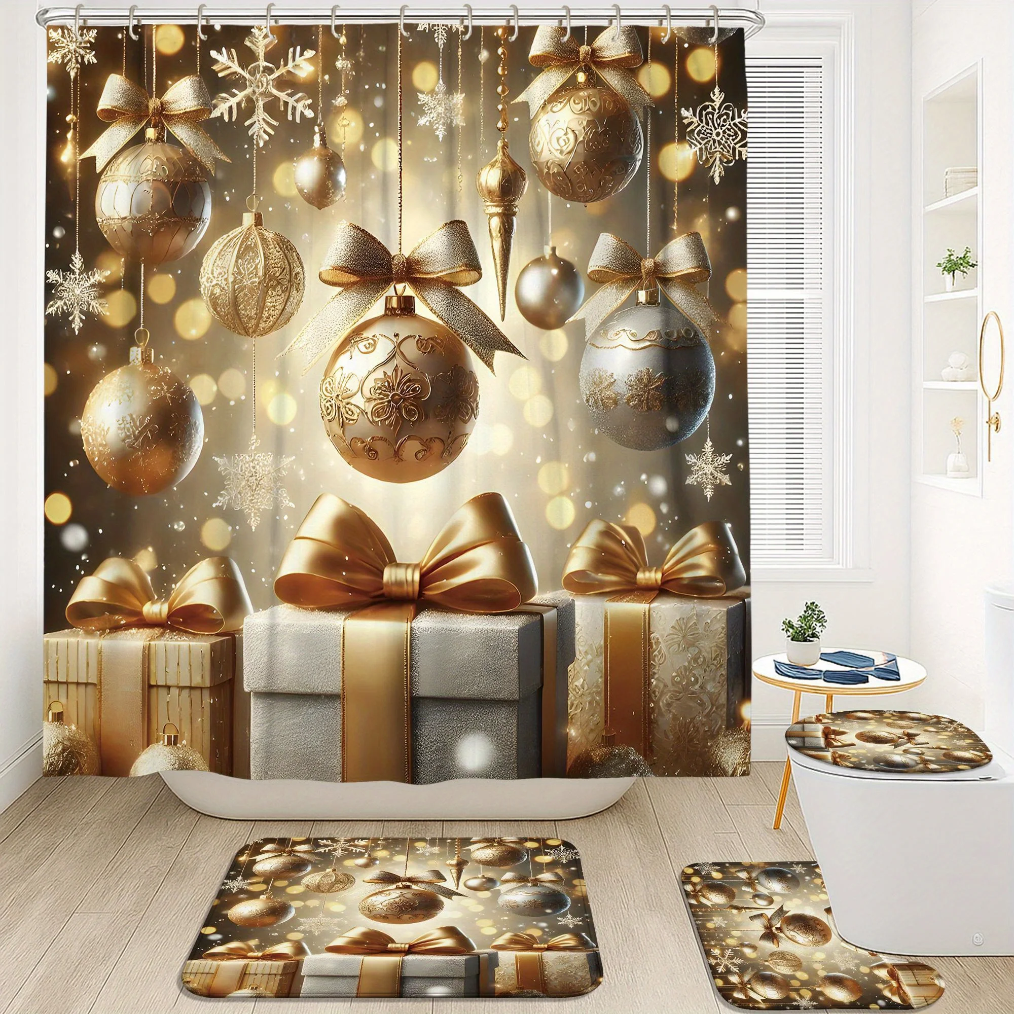 4Pcs Xmas Winter Ball Gift, Luxury Gold Shower Set, Includes Curtain & Mat, 12 Hooks, Non-Slip Mat, U-Shaped Toilet Cover