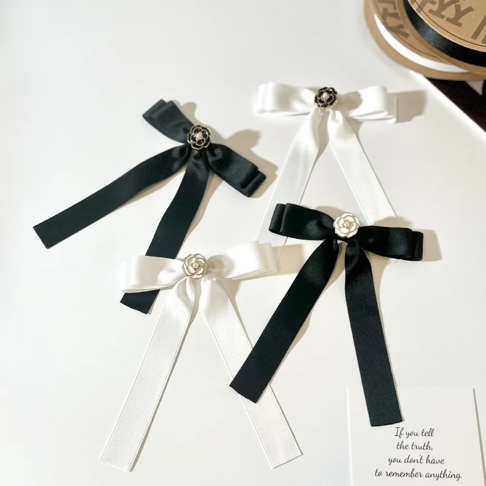 Sweet White Black Ribbon Pin Pearl Camellia Funerals Memorial Pin Collar Texture Lapel Pin Black Bow Brooch Pin Women