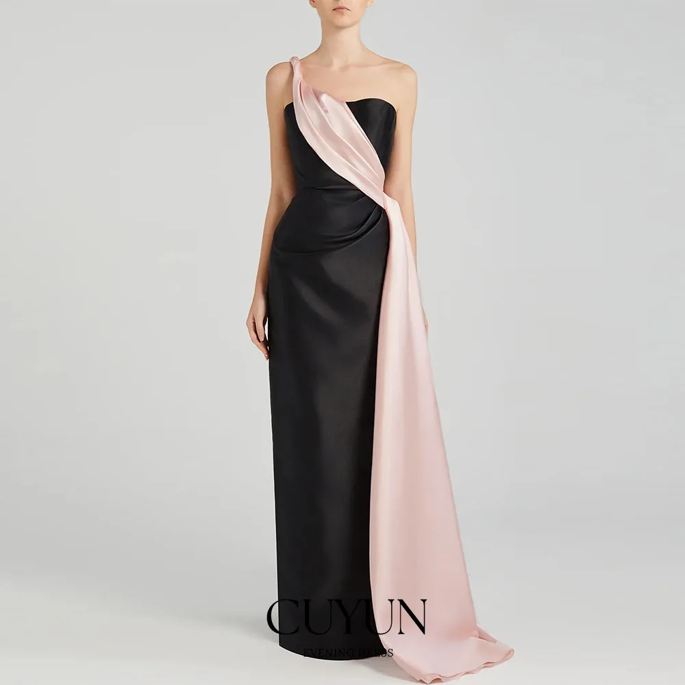 

CUYUN Customized One Shoulder Satin Evening Gown Black and Pink Straight Formal Dinner Party Dresses Floor-Length Prom Dresses