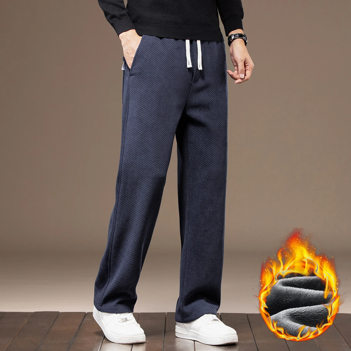 High Quality Winter Fleece Warm New Knitted Pants Men Drawstring Elastic Waist Outdoors Jogging Flocking Straight Trousers Male
