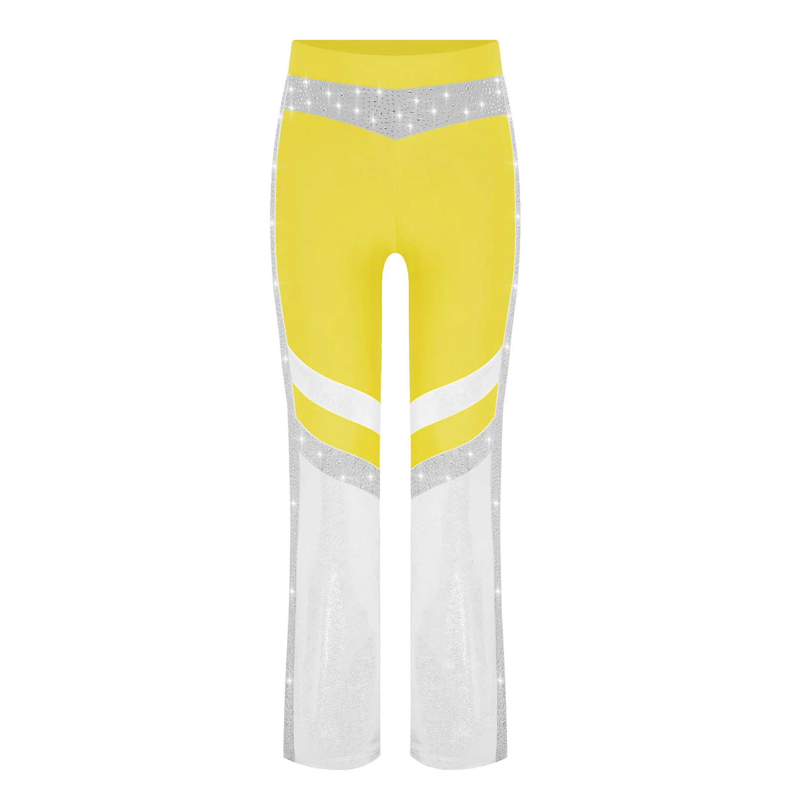 Kid Girl Shiny Rhinestone Flared Pants Gymnastics Acrobatics Dance Costume Elastic Waistband Color Block Bell-Bottomed Trousers