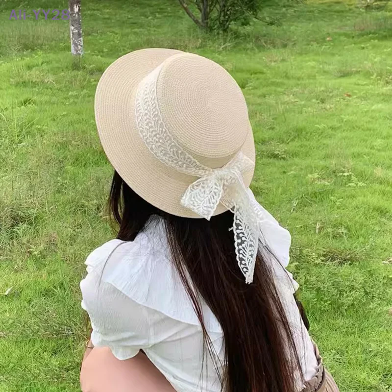 {YY28} Sommerlicher, atmungsaktiver Strohhut für Damen, Spitze, Schleife, breite Krempe, Sonnenschutzhut, Reise- und Urlaubs-Sonnenschutzkappe