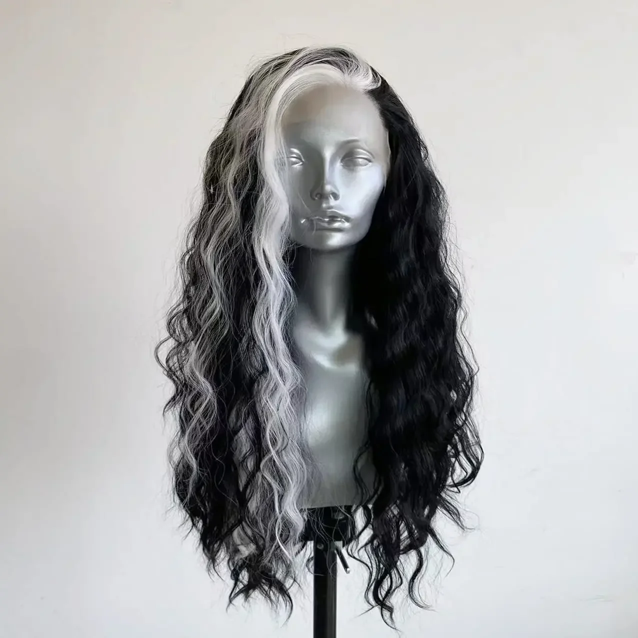 Black and White Long Wavy Lace Front Synthetic Wig Glueless Heat Resistant Fiber Hair for Women Cosplay Halloween and Daily Wear