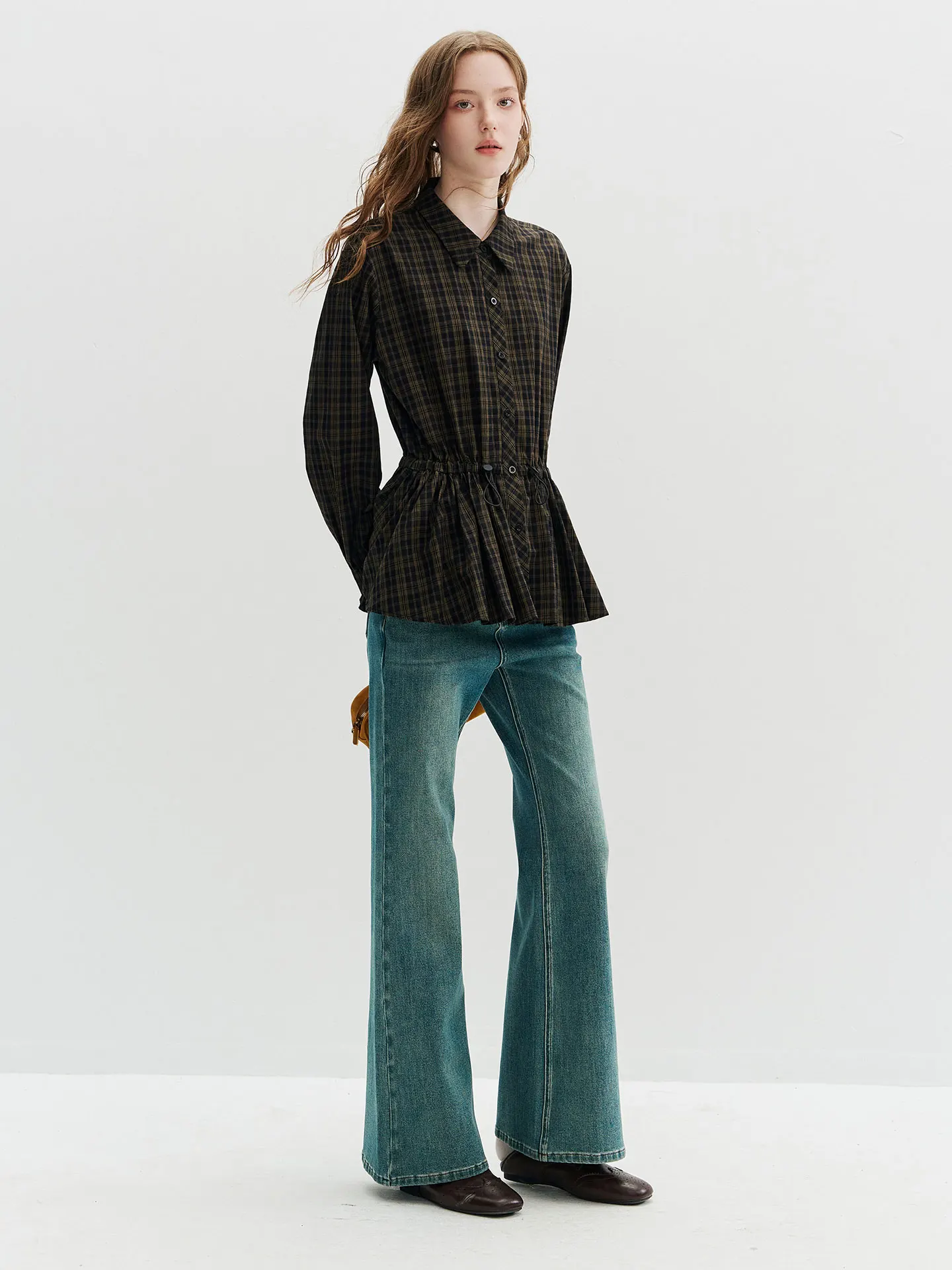 100% Pure Cotton Plaid Shirt Women's Autumn Fashion Drawstring Waist Cinching Hem Ruffle Collar Top KUHNMARVIN