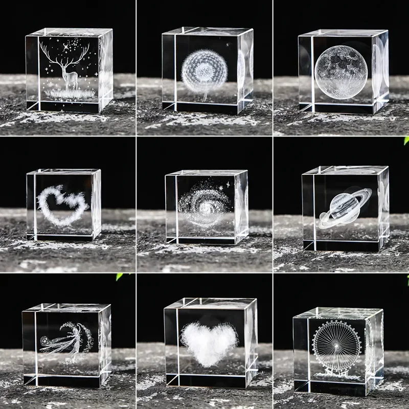 

40-80 Crystal Cube Inner Engraving Raindrop Moon Solar System Clouds Cube Heart Shaped Desktop Creative Gift Ornament