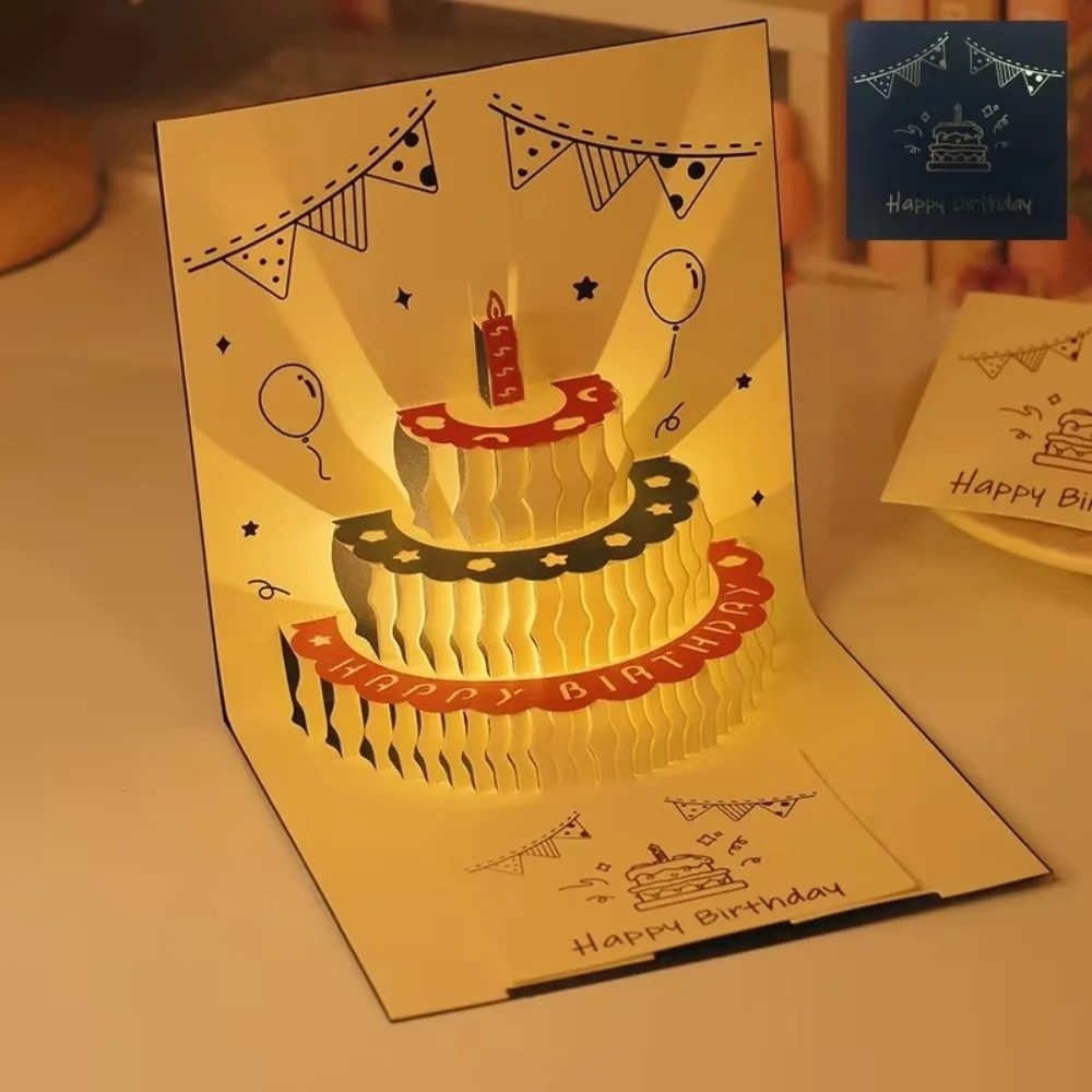 

Hollow Carving 3D Cake Birthday Card Folding Unique LED Light Pop-Up Card with Envelope Funny Pop-Up Greeting Card Valentine Day