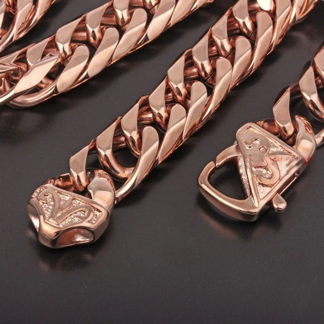 New Fashion 7-40inch Custom Size 13/16mm Wide Stainless Steel Rose-Gold Color Charming Men Curb Cuban Chain Necklace or Bracelet