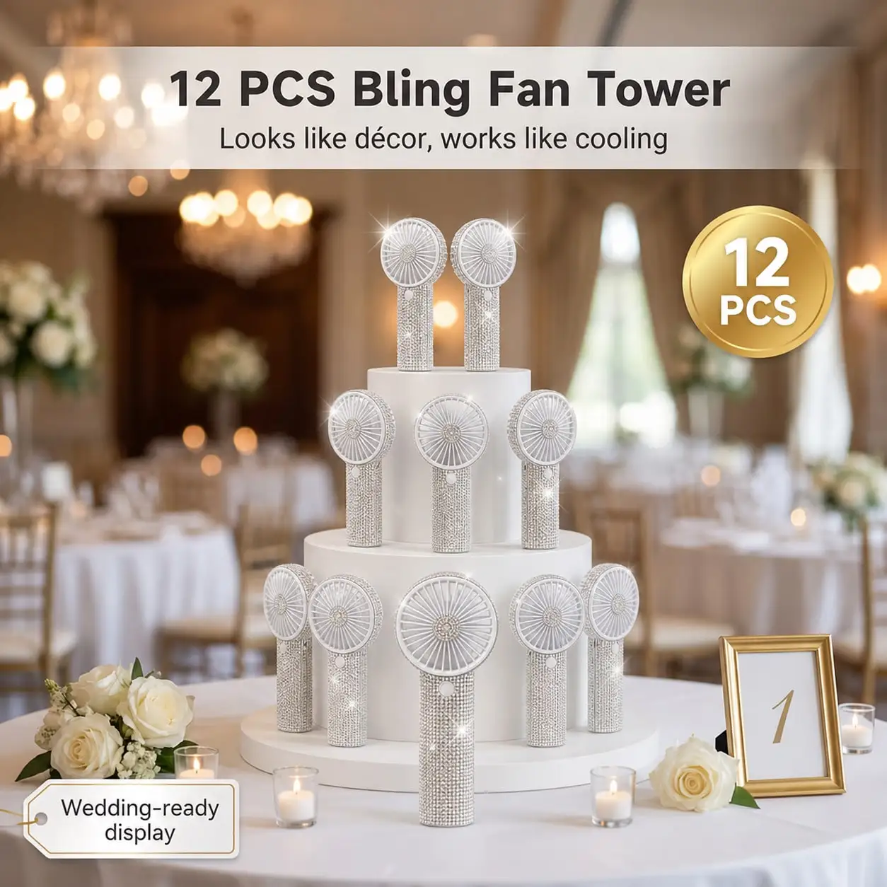 12 Pcs Luxury Rhinestone Handheld Fan, 18H Battery 3 Speed Quiet USB Fan, for Wedding Makeup Music Festival Summer