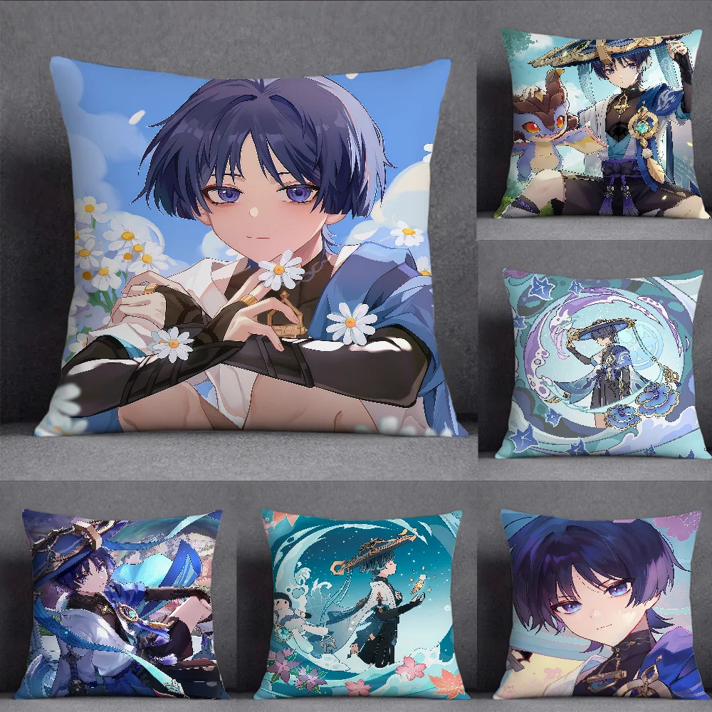 Genshin Impact Scaramouche Cushion Cover Square Double-Sided Printing Sofa Cushion Cover Pillowcase Bedroom Bedside
