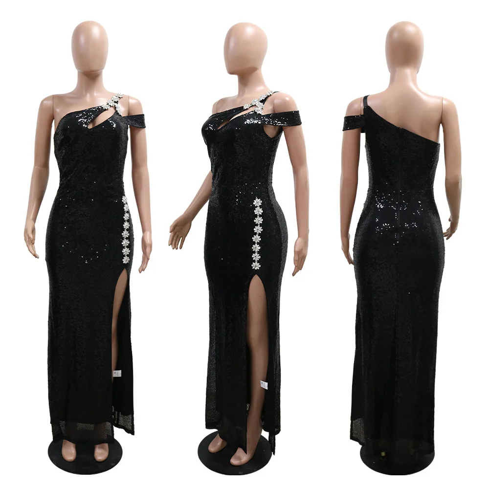 Rhinestone Sequin Black Dress Slit Party Evening Elegant Dress 2024 Women Winter Clothes Luxury Sexy Bodycon Prom Long Dresses