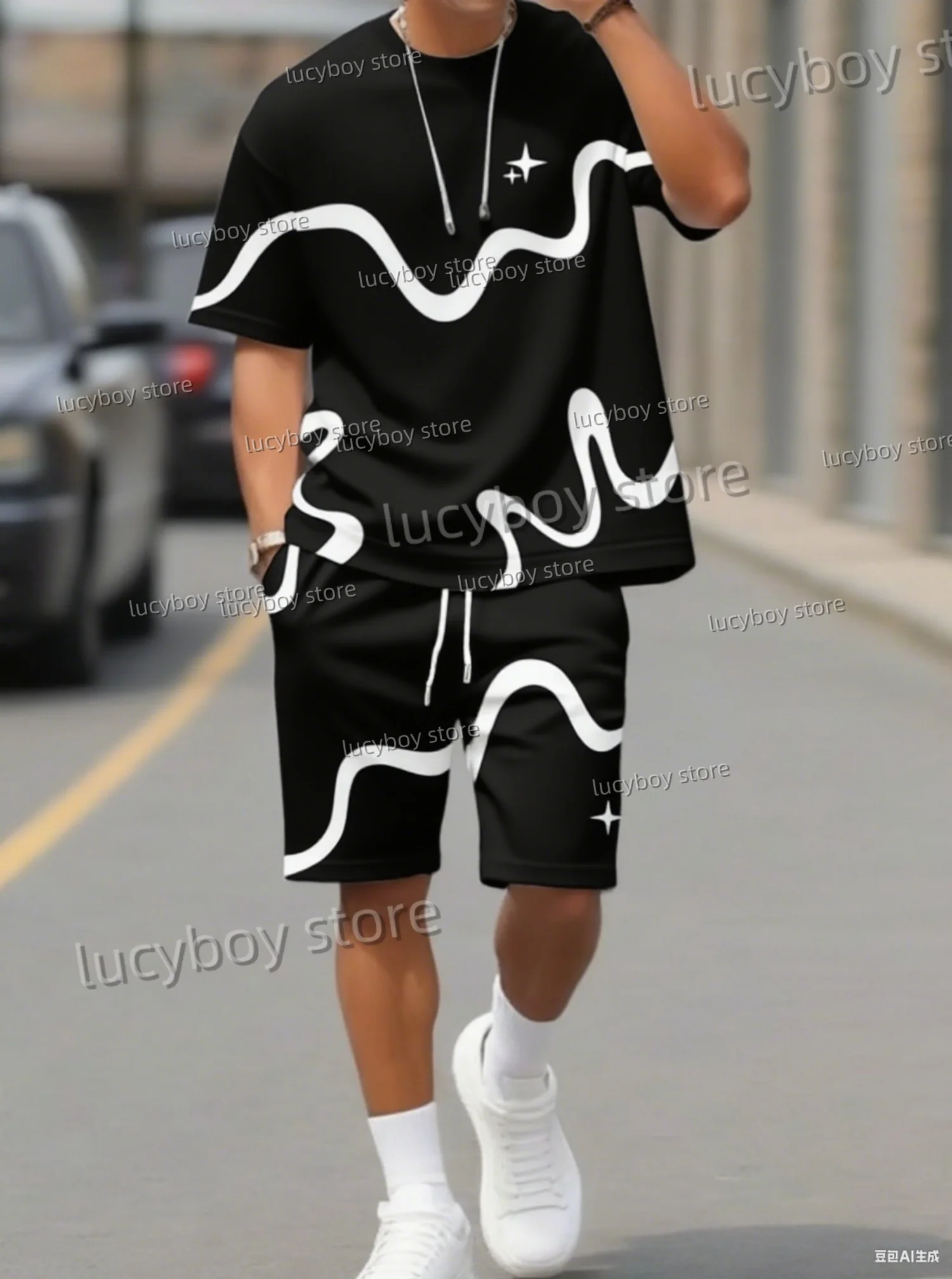 2025 Summer Men 3D digital wave  Print Set Short Sleeve T-Shirt Shorts Set Adult Sport Jogging Plus Size Tracksuit 2 Piece Set