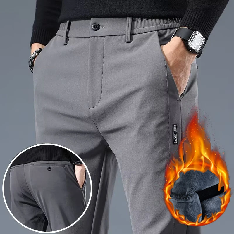 

2025 Men Fashion Winter Thermal Business Casual Pants Male Elasticity Loose Straight Leg Pants Slim Fit Light Gray Trousers