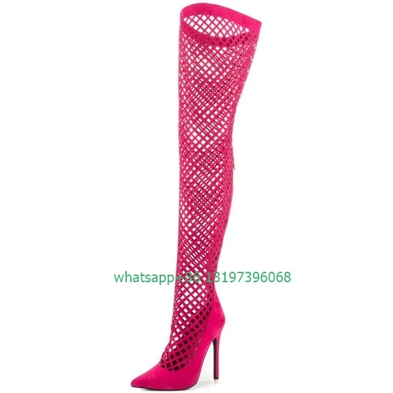 

Lady hot pink hollow design over the knee sandals fuchsia black color mesh sexy back zip boots pumps dance footwear size 35-46