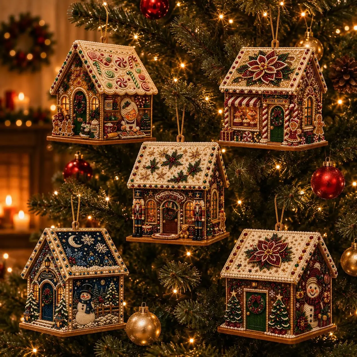 DIY Pearl Art Christmas House Diamond Painting Kit Gingerbread House Shape Xmas Hanging Ornament Set for Home Holiday Decor Gift