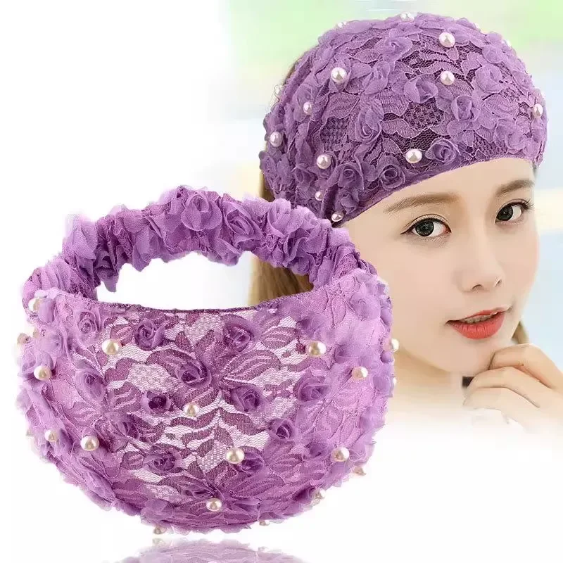 Female Pearls Wide Edge Elastic Headscarf for Four Seasons Women Head Cover Scarf  Anti Slip New Headwear Hair Accessories