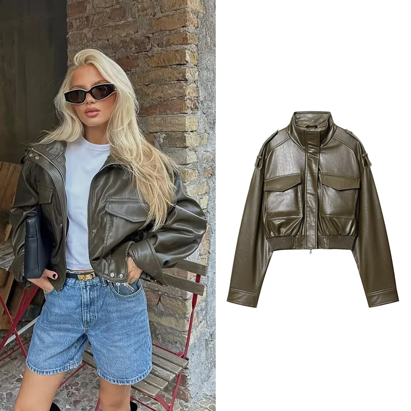 

Женские короткие куртки из искусственной кожи, пальто, осенне-зимние модные пальто с карманами и длинными рукавами, женская верхняя одежда, топы