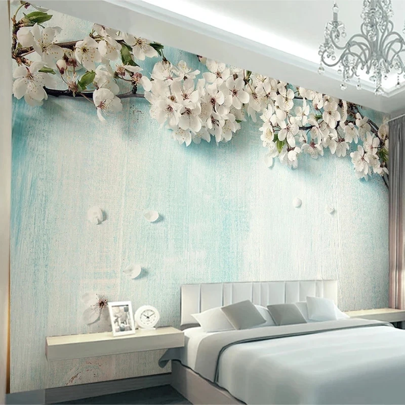 Customized Mural Wallpaper 3D Blue Wood Grain Cherry Blossom Bedroom Romantic Living room TV background wall restaurant flowers
