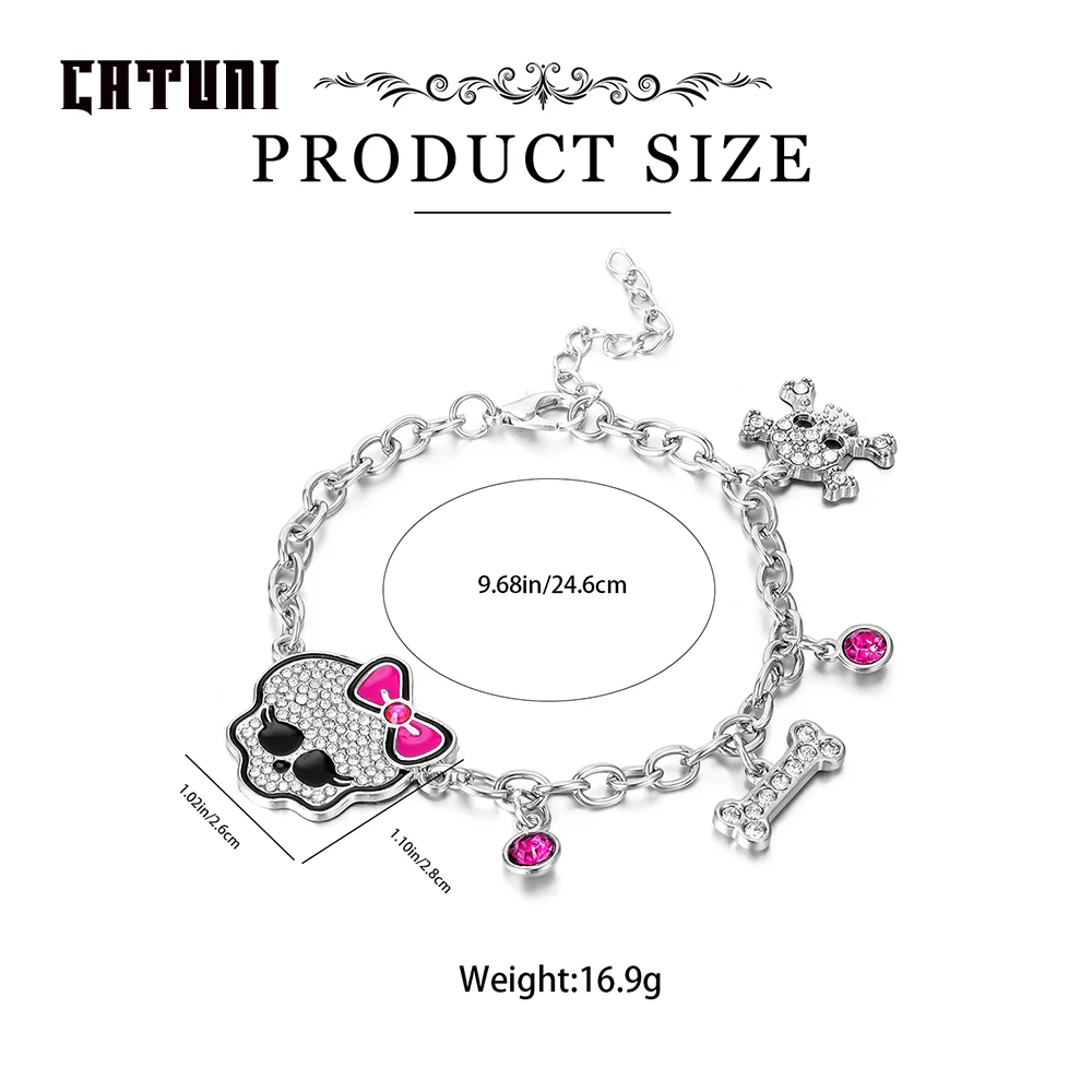 Catuni Pink Crystal Skull Bow Bracelet Punk Style Popular Jewelry Accessories Gift for Woman Girl