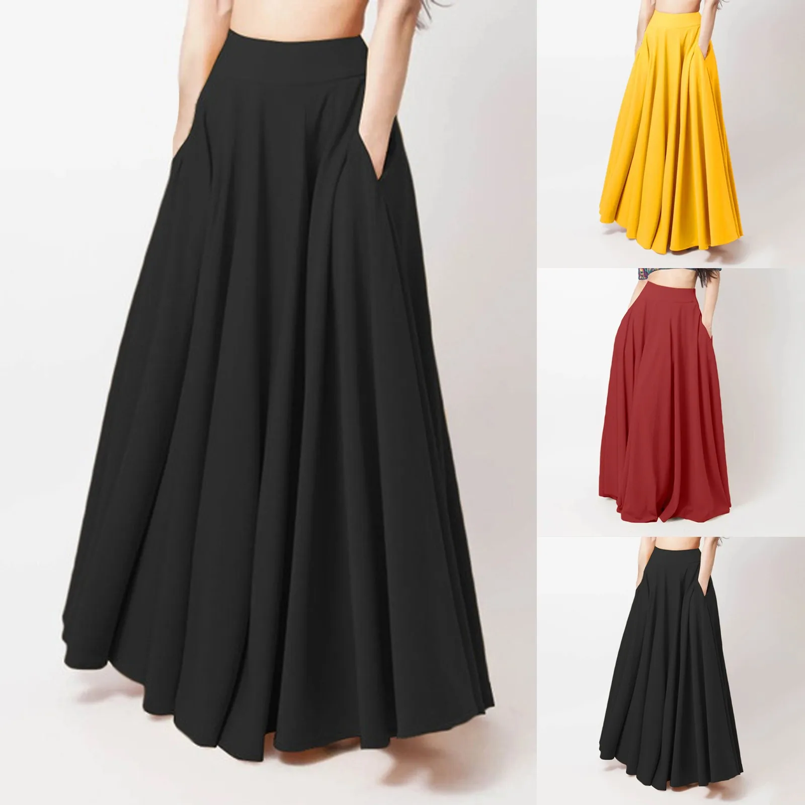 Dames maxi-rok met hoge taille A-lijn rok Elegante dames maxi-rok met hoge taille en zakken A-lijn effen kleur voor vrije tijd