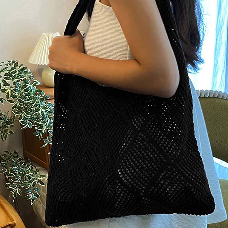 Neue Trend frauen Tasche Häkeln Handtasche Retro Gestrickte Einfarbig Hohl Top-griff Einkaufstasche Reise Shopper Schulter tasche – Detail 14