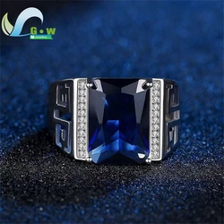 Silver Men's Rings Sapphire Gemstone Jewelry Accessories Open Adjustable Carved Finger Ring for Male Wedding Party Gift Trendy