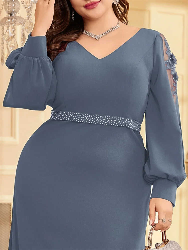 Xuibol Plus Size Elegante Blauwe Applique Avondjurk 2024 Vrouwen Formele Maxi Lange Mouwen Feestjurk Luxe Cocktail Prom