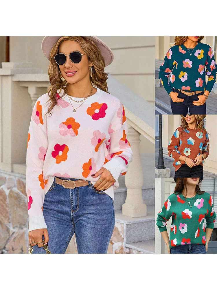 

Floral Pattern Round Neck Casual Pullover Sweater Women's Autumn And Winter New Loose Spell Color Jacquard Knit Sweater Top