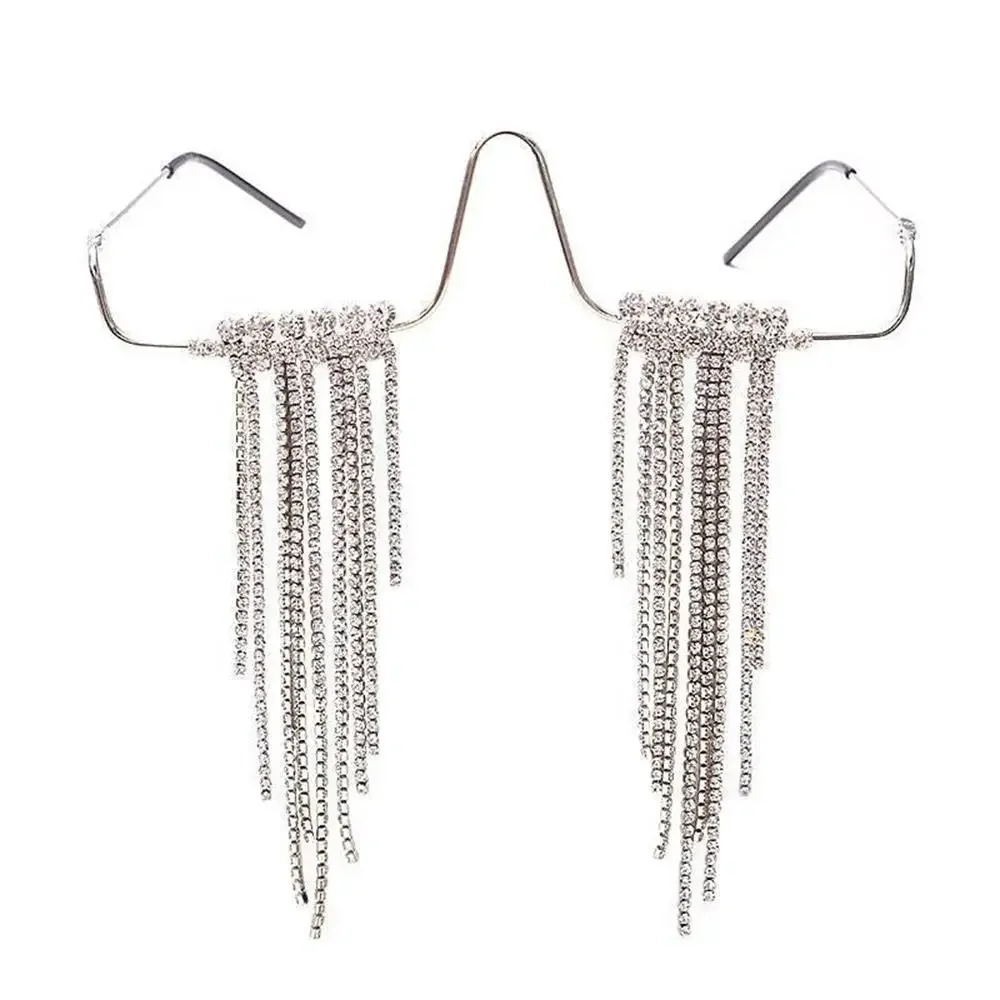 Mode Quaste Halb Metall Brillengestell für Frauen Kristall Gesicht Kette Schmuck Brillen Kpop Make-Up Strass Zubehör Keine Linse – Detail 3