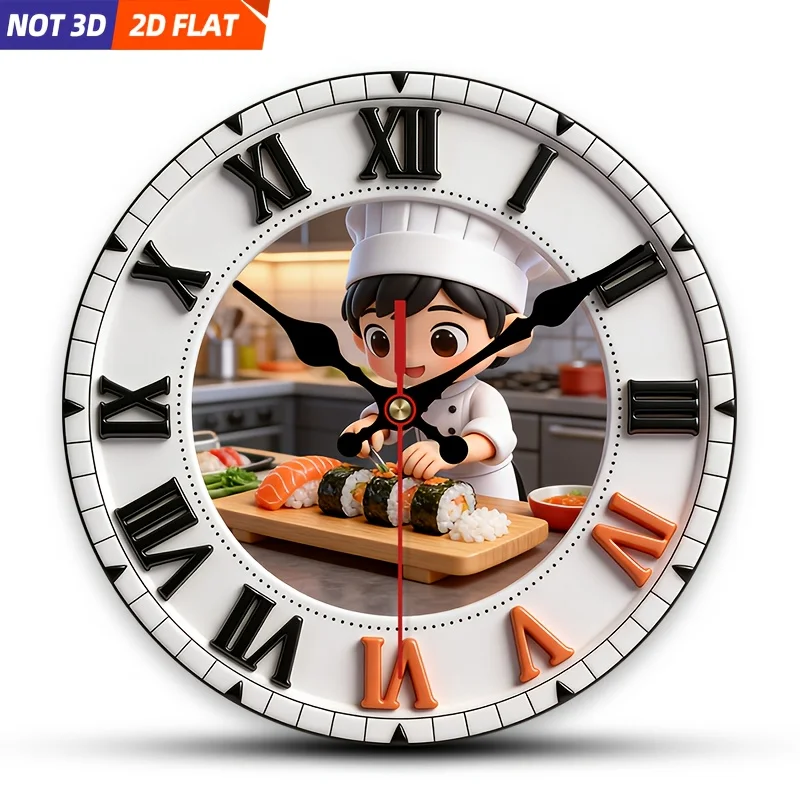 Plano en 2D. 1 pieza. Reloj de Pared con Diseño de Chef de Sushi, Reloj Decorativo Silencioso, Reloj de Pared Creativo, Adecuado para Dormitorio, Sala de Estar, Oficina
