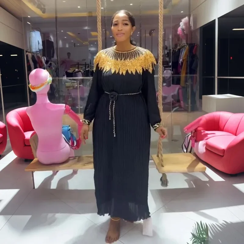 

2025 Autumn Muslim Style Golden Beaded Diamonds Pleated Prom Evening Dress Women Loose Big Size Long Sleeve Line Party Dresses