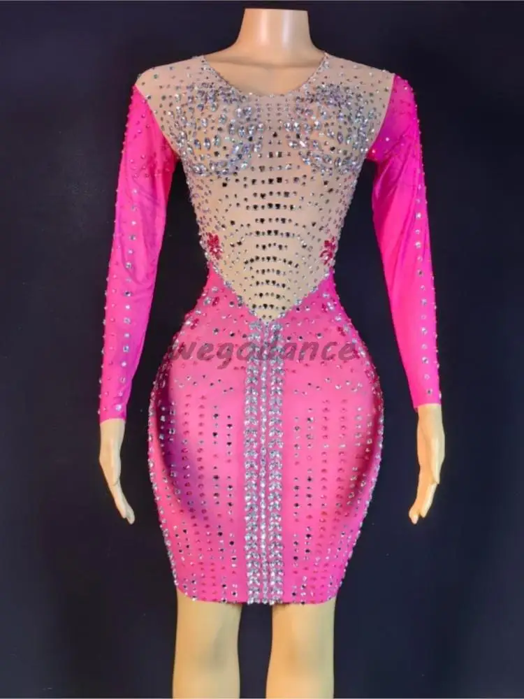 Party Model Mesh Elastic Color Rhinestones Wrap Hip Mini Dress