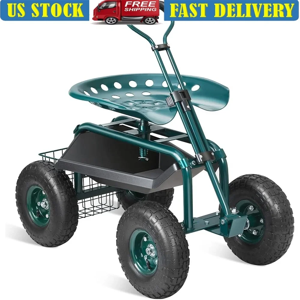 

Garden Cart Rolling Workseat Garden Scooter 360 Degree Swivel Seat Inflatable Tires Adjustable Handle Large Storage Rubberized