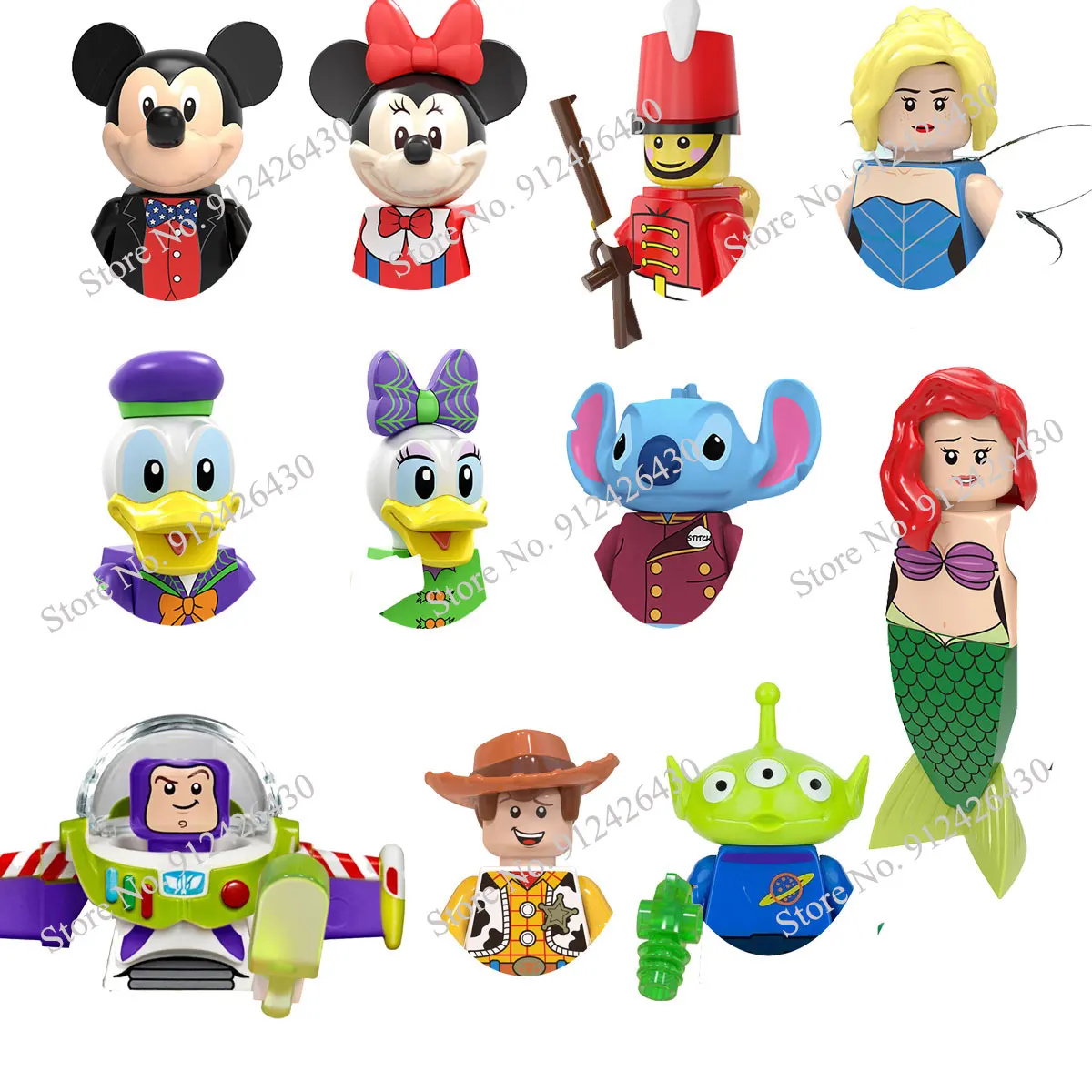 Disney Mini Action ของเล่นตัวเลขบล็อกอาคารการ์ตูน Toy Story Mickey Mouse Winnie The Pooh แช่แข็ง Stitch Donald เป็ดอิฐ